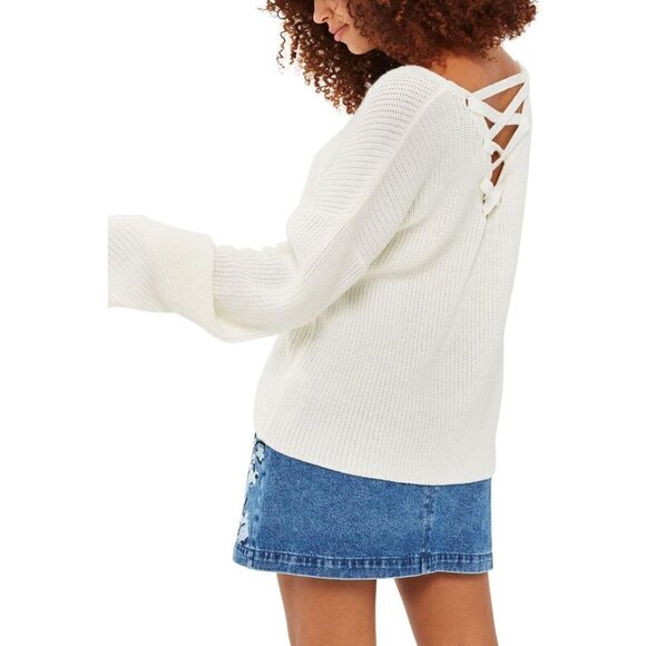 Topshop Womens Sz 4 Cross Back Lace Up Back Sweater Bell Sleeve Boho Ivory s - Picture 3 of 12